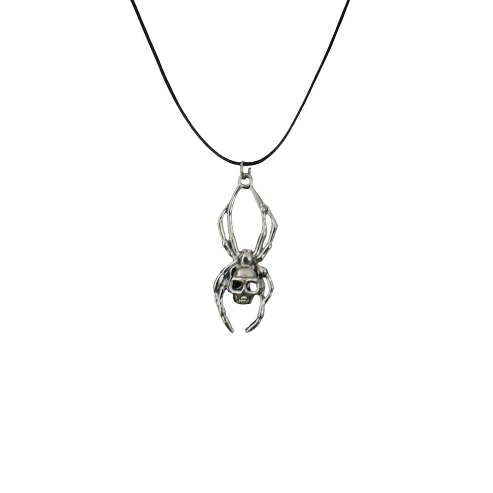 Spider Skull Pendant Necklace Gothic Aesthetic Black Cord Jewelry Unisex - Picture 3 of 6